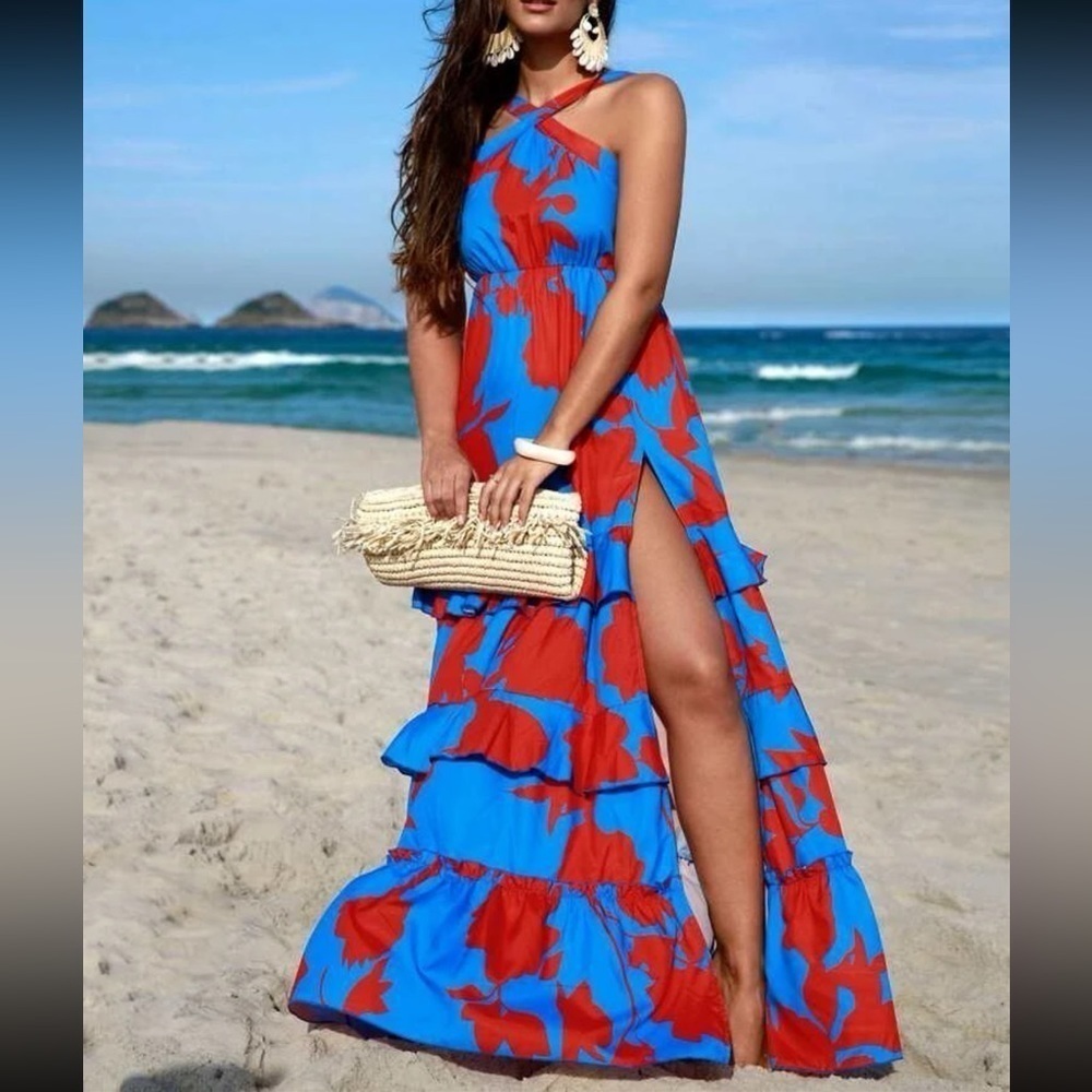 Delilah Casual Halter Top Front Slit Aline Ruffle Hem Color Block Maxi Dress